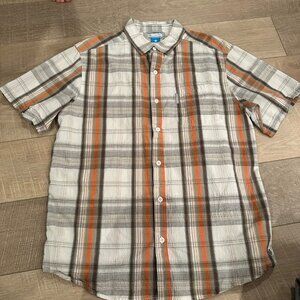 COLUMBIA MENS SHORT SLEEVE BUTTON SHIRT ORANGE AND WHITE PLAID LARGE
